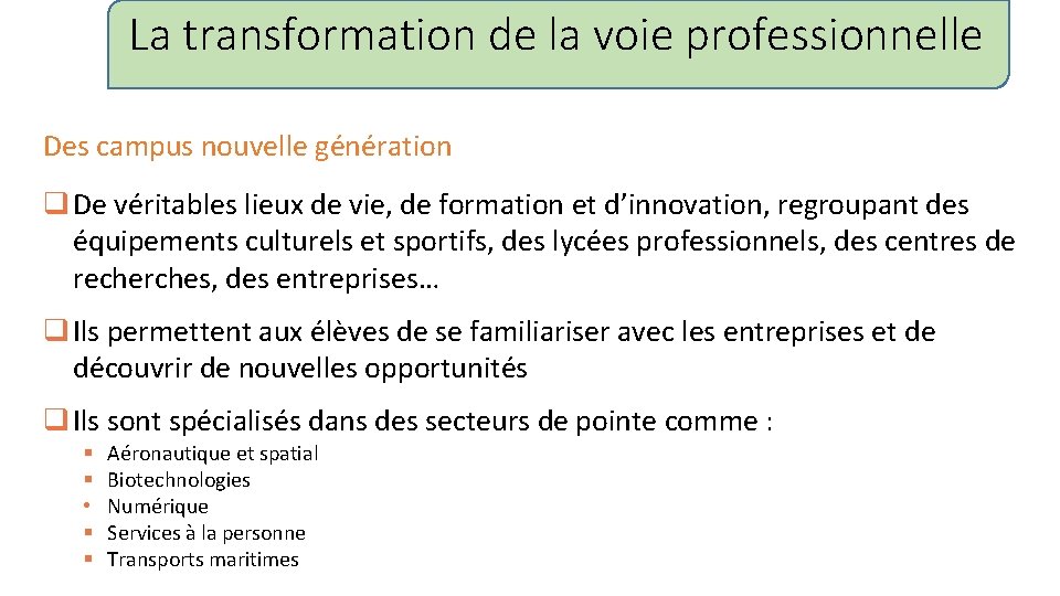 La transformation de la voie professionnelle Des campus nouvelle génération q De véritables lieux La transformation de la voie professionnelle Des campus nouvelle génération q De véritables lieux