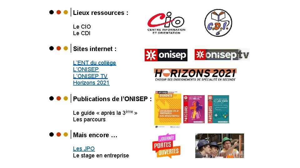 Lieux ressources : Le CIO Le CDI Sites internet : L’ENT du collège L’ONISEP Lieux ressources : Le CIO Le CDI Sites internet : L’ENT du collège L’ONISEP