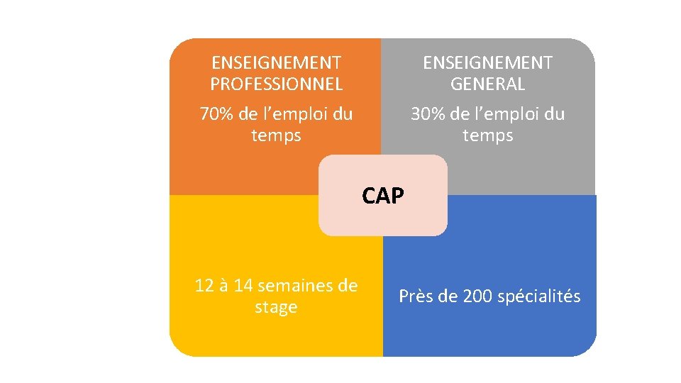ENSEIGNEMENT PROFESSIONNEL ENSEIGNEMENT GENERAL 70% de l’emploi du temps 30% de l’emploi du temps ENSEIGNEMENT PROFESSIONNEL ENSEIGNEMENT GENERAL 70% de l’emploi du temps 30% de l’emploi du temps