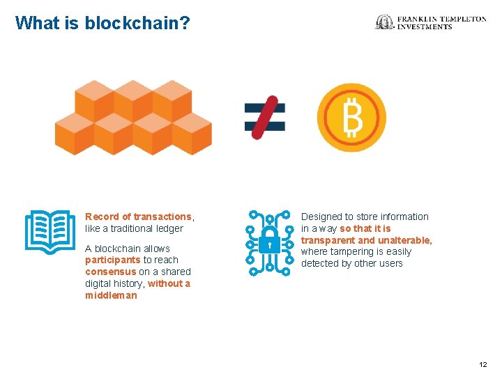 What is blockchain? Record of transactions, like a traditional ledger A blockchain allows participants