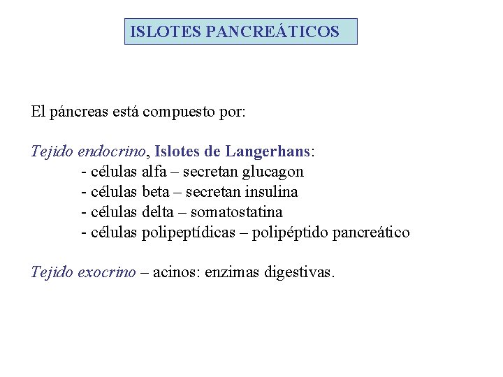 ISLOTES PANCREÁTICOS El páncreas está compuesto por: Tejido endocrino, Islotes de Langerhans: - células
