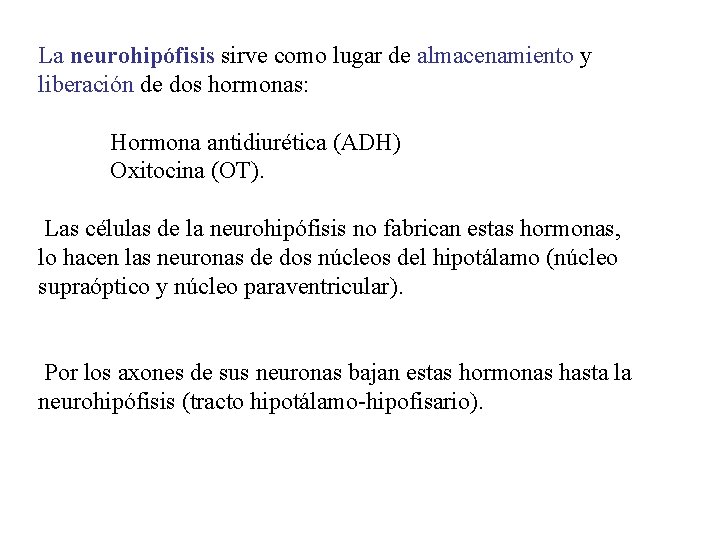 La neurohipófisis sirve como lugar de almacenamiento y liberación de dos hormonas: Hormona antidiurética