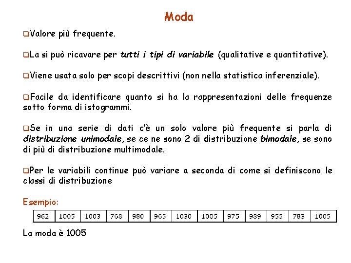 Moda q. Valore q. La più frequente. si può ricavare per tutti i tipi