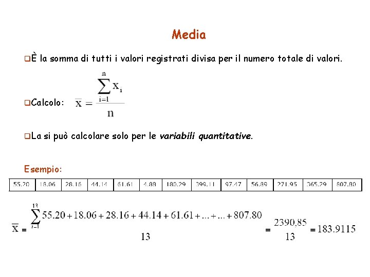 Media qÈ la somma di tutti i valori registrati divisa per il numero totale