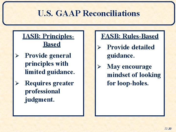 U. S. GAAP Reconciliations IASB: Principles. Based Ø Ø Provide general principles with limited