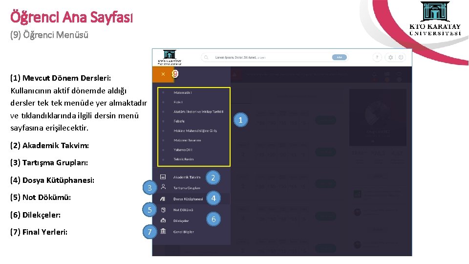 Öğrenci Ana Sayfası (9) Öğrenci Menüsü (1) Mevcut Dönem Dersleri: Kullanıcının aktif dönemde aldığı