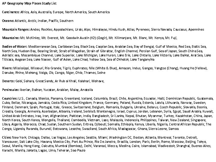 AP Geography Map Places Study List Continents: Africa, Asia, Australia, Europe, North America, South