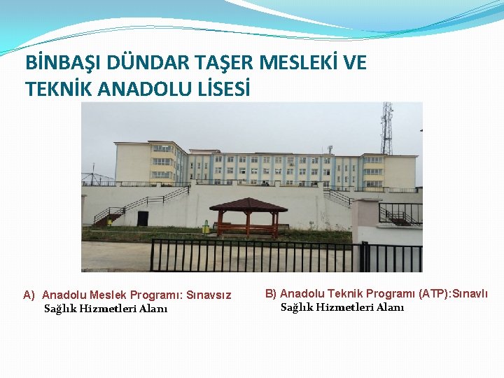 BİNBAŞI DÜNDAR TAŞER MESLEKİ VE TEKNİK ANADOLU LİSESİ A) Anadolu Meslek Programı: Sınavsız Sağlık