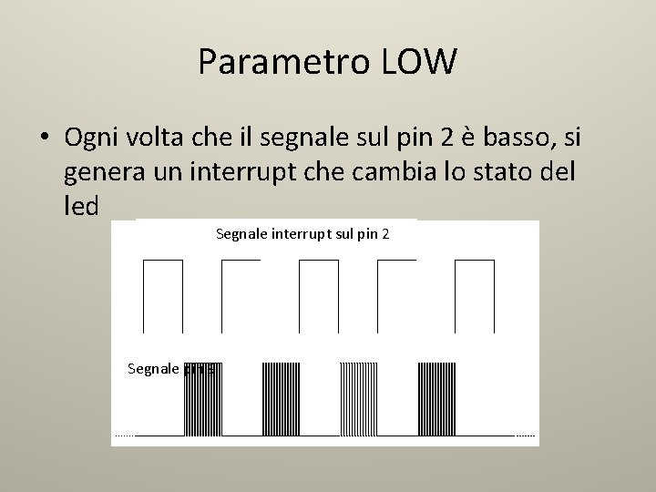 Parametro LOW • Ogni volta che il segnale sul pin 2 è basso, si