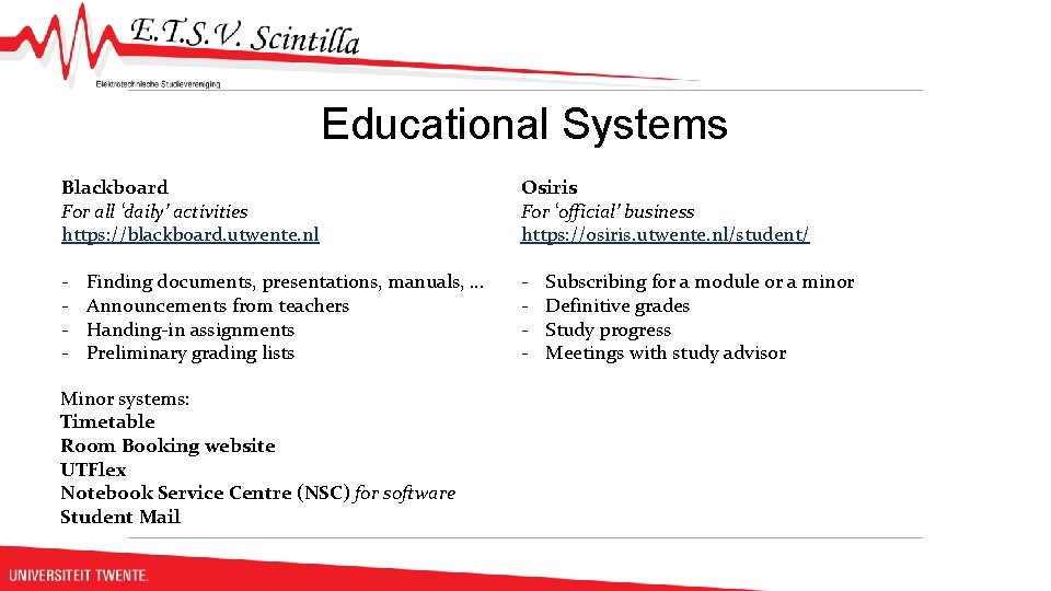 Educational Systems Blackboard For all ‘daily’ activities https: //blackboard. utwente. nl Osiris For ‘official’