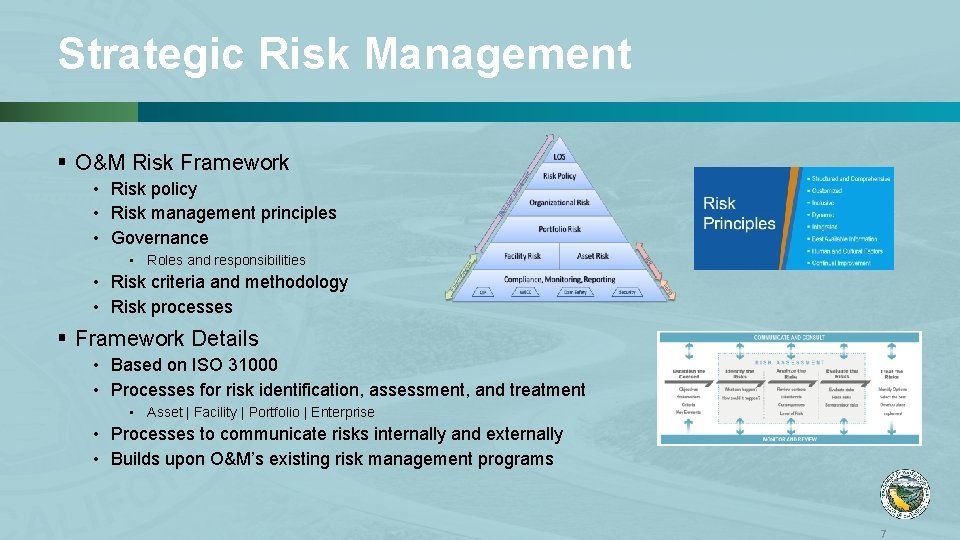 Strategic Risk Management § O&M Risk Framework • Risk policy • Risk management principles