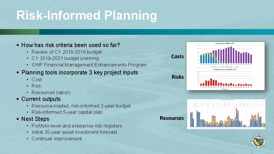 Risk-Informed Planning § How has risk criteria been used so far? • Review of
