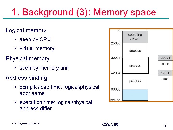 1. Background (3): Memory space Logical memory • seen by CPU • virtual memory