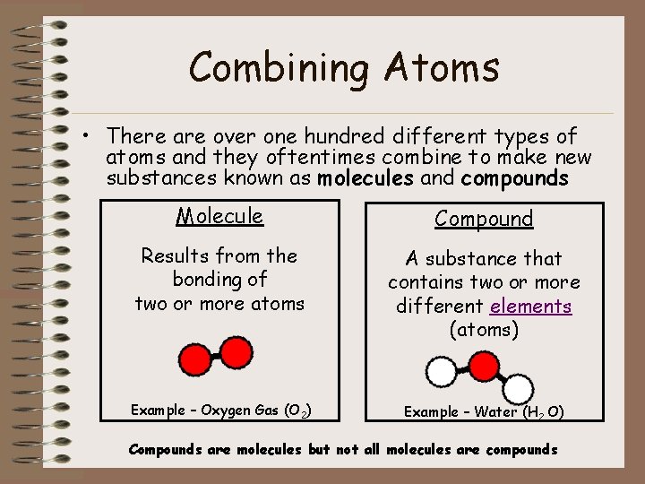 Combining Atoms • There are over one hundred different types of atoms and they
