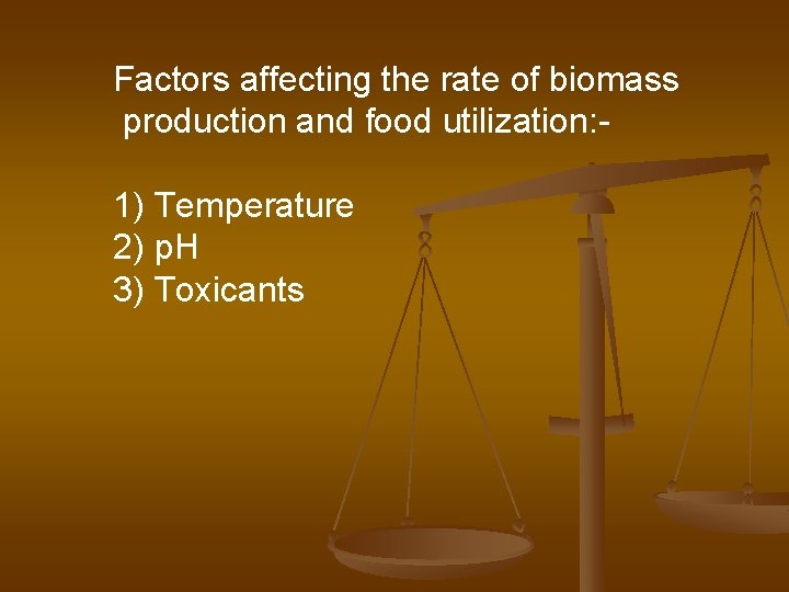 Factors affecting the rate of biomass production and food utilization: - 1) Temperature 2)