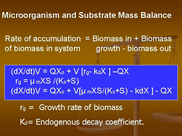 Microorganism and Substrate Mass Balance Rate of accumulation = Biomass in + Biomass of
