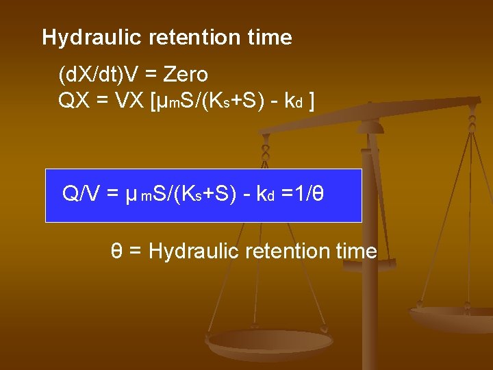 Hydraulic retention time (d. X/dt)V = Zero QX = VX [μm. S/(Ks+S) - kd