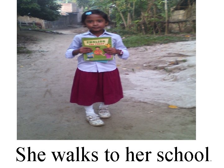 She walks to her school . 