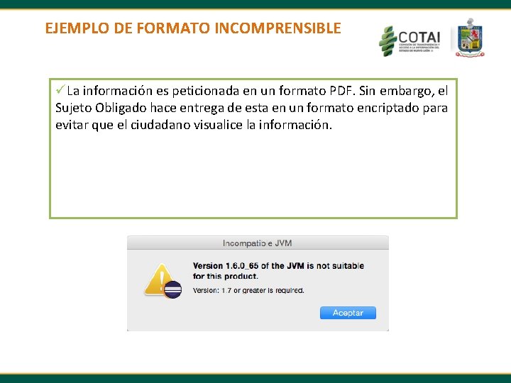 EJEMPLO DE FORMATO INCOMPRENSIBLE üLa información es peticionada en un formato PDF. Sin embargo,