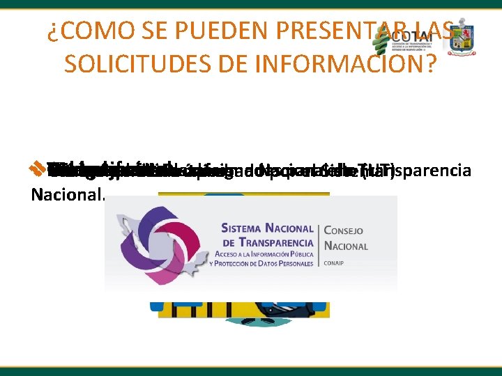 ¿COMO SE PUEDEN PRESENTAR LAS SOLICITUDES DE INFORMACION? v Mensajería Correo Verbalmente Oficina upostal