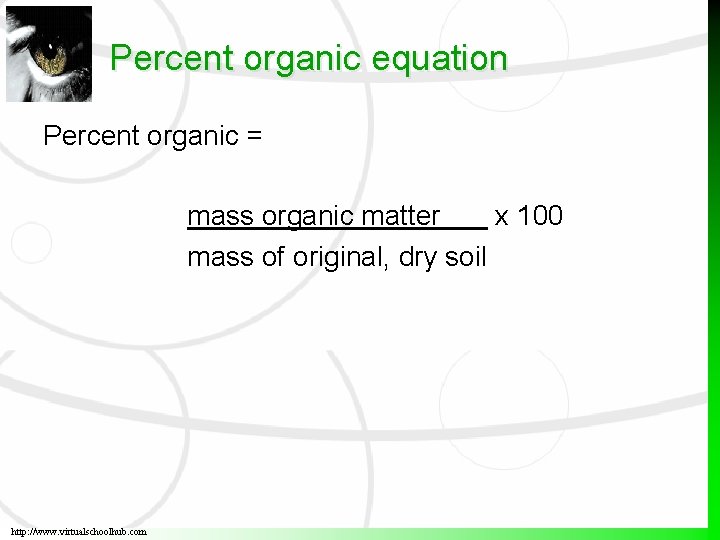 Percent organic equation Percent organic = mass organic matter x 100 mass of original,