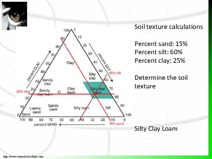 Soil texture calculations Percent sand: 15% Percent silt: 60% Percent clay: 25% Determine the