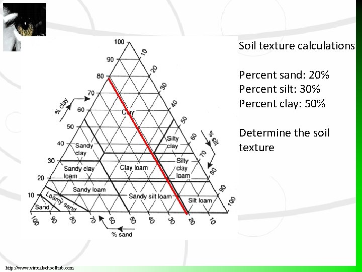 Soil texture calculations Percent sand: 20% Percent silt: 30% Percent clay: 50% Determine the