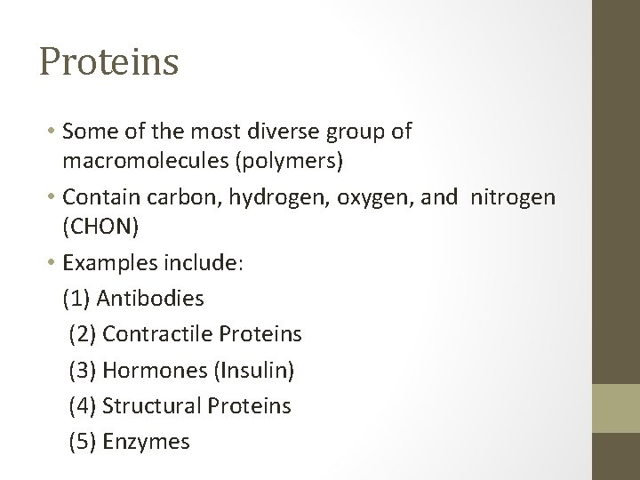 Proteins • Some of the most diverse group of macromolecules (polymers) • Contain carbon,