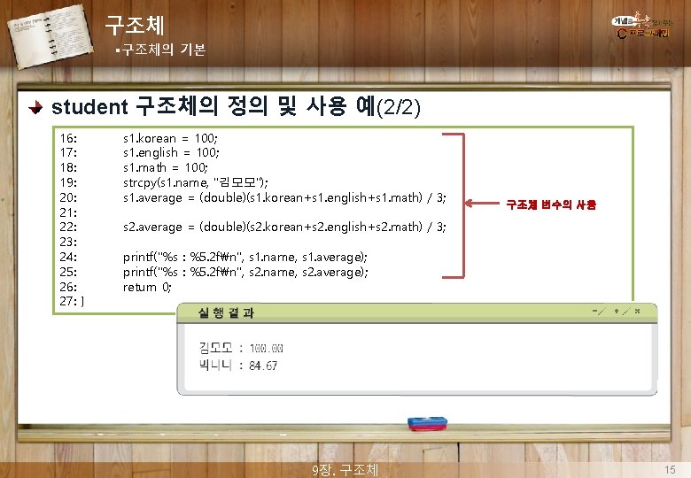 구조체 §구조체의 기본 student 구조체의 정의 및 사용 예(2/2) 16: 17: 18: 19: 20: