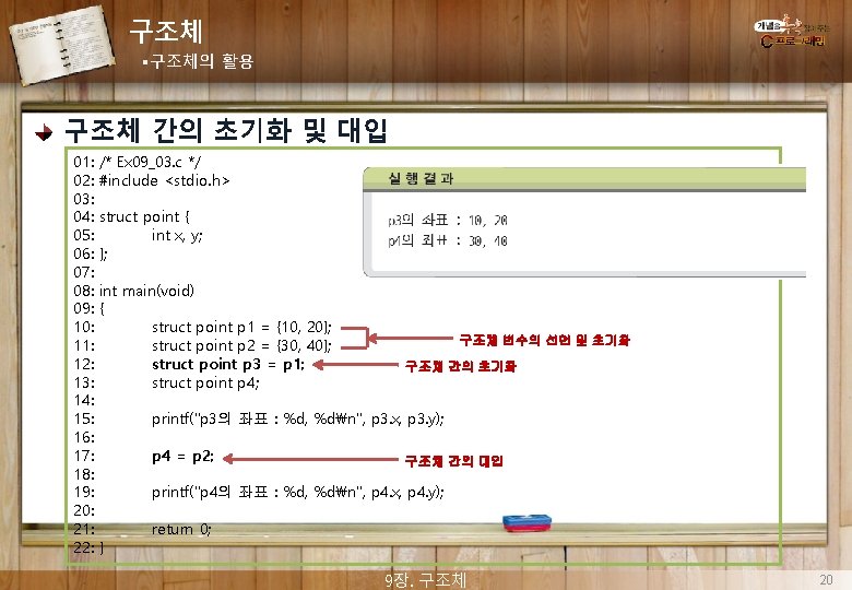 구조체 §구조체의 활용 구조체 간의 초기화 및 대입 01: 02: 03: 04: 05: 06: