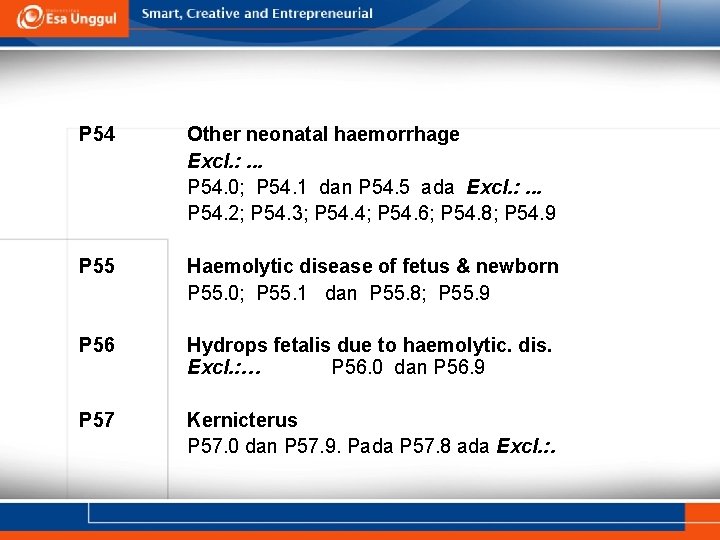 P 54 Other neonatal haemorrhage Excl. : . . . P 54. 0; P P 54 Other neonatal haemorrhage Excl. : . . . P 54. 0; P