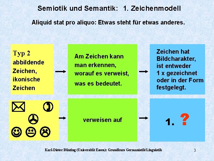 Semiotik und Semantik: 1. Zeichenmodell Aliquid stat pro aliquo: Etwas steht für etwas anderes. Semiotik und Semantik: 1. Zeichenmodell Aliquid stat pro aliquo: Etwas steht für etwas anderes.
