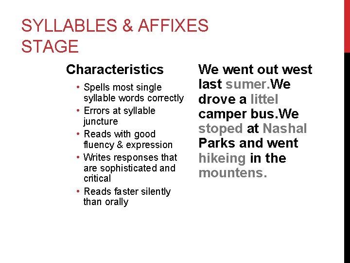 SYLLABLES & AFFIXES STAGE Characteristics • Spells most single syllable words correctly • Errors