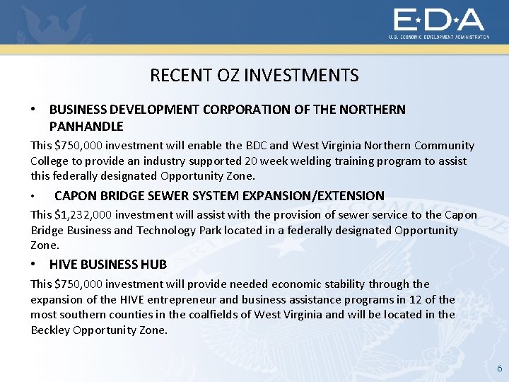 RECENT OZ INVESTMENTS • BUSINESS DEVELOPMENT CORPORATION OF THE NORTHERN PANHANDLE This $750, 000