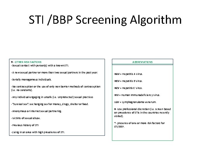 STI /BBP Screening Algorithm 9 - OTHER RISK FACTORS: -Sexual contact with person(s) with