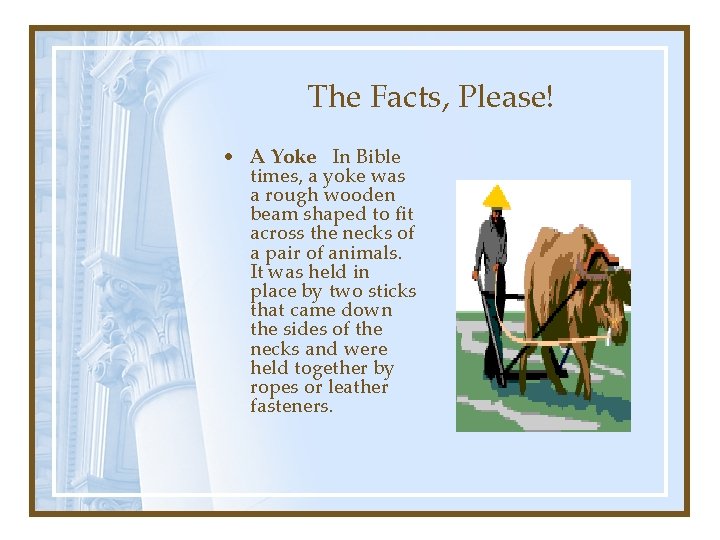 The Facts, Please! • A Yoke In Bible times, a yoke was a rough