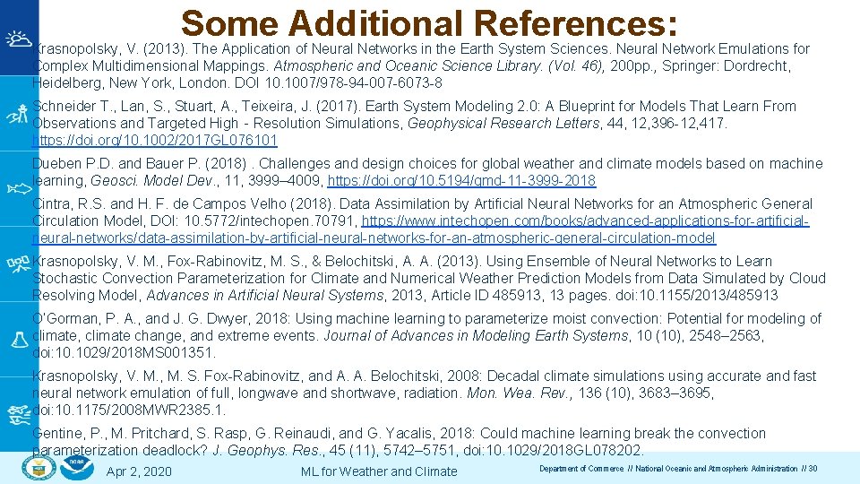 Some Additional References: Krasnopolsky, V. (2013). The Application of Neural Networks in the Earth
