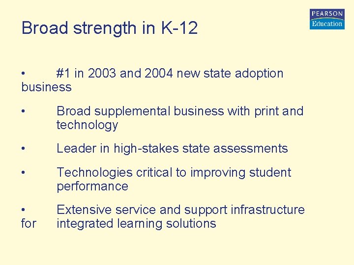 Broad strength in K-12 • #1 in 2003 and 2004 new state adoption business
