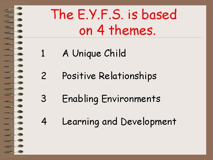 The E. Y. F. S. is based on 4 themes. 1 A Unique Child