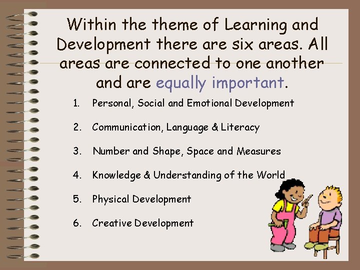 Within theme of Learning and Development there are six areas. All areas are connected
