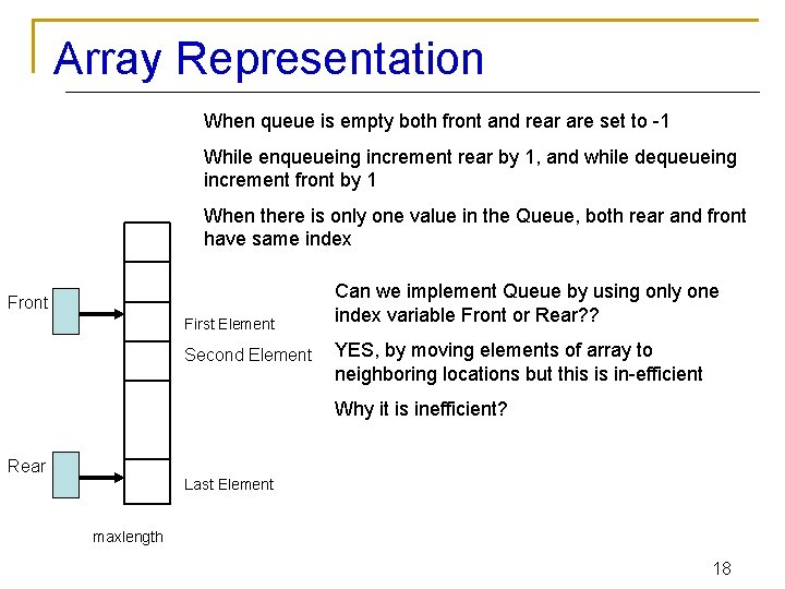 Array Representation When queue is empty both front and rear are set to -1