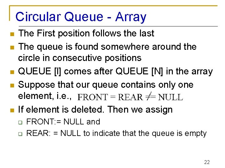 Circular Queue - Array n n n The First position follows the last The