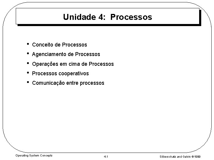 Unidade 4: Processos • • • Conceito de Processos Agenciamento de Processos Operações em