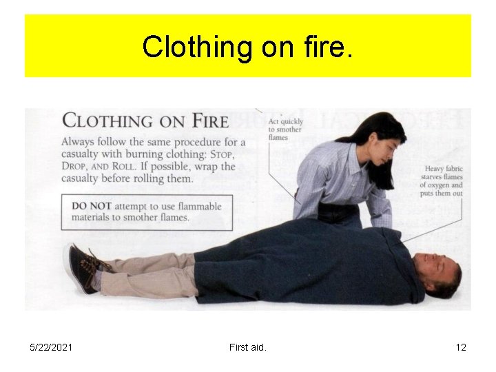 Clothing on fire. 5/22/2021 First aid. 12 Clothing on fire. 5/22/2021 First aid. 12