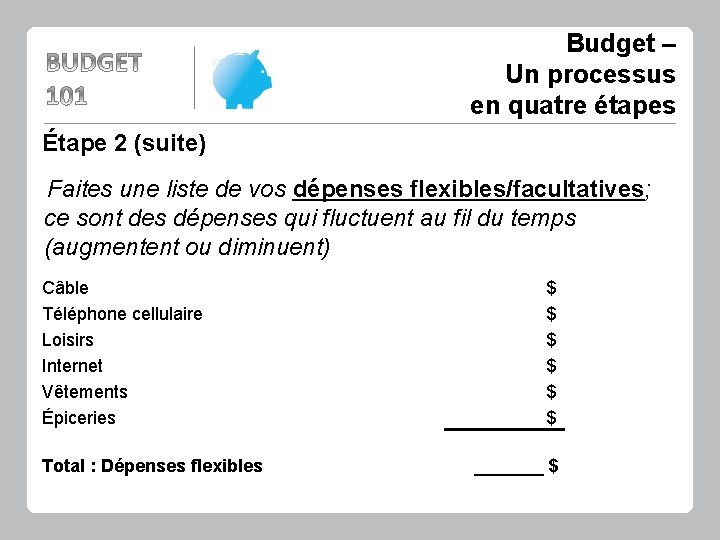 Budget – Un processus en quatre étapes Étape 2 (suite) Faites une liste de