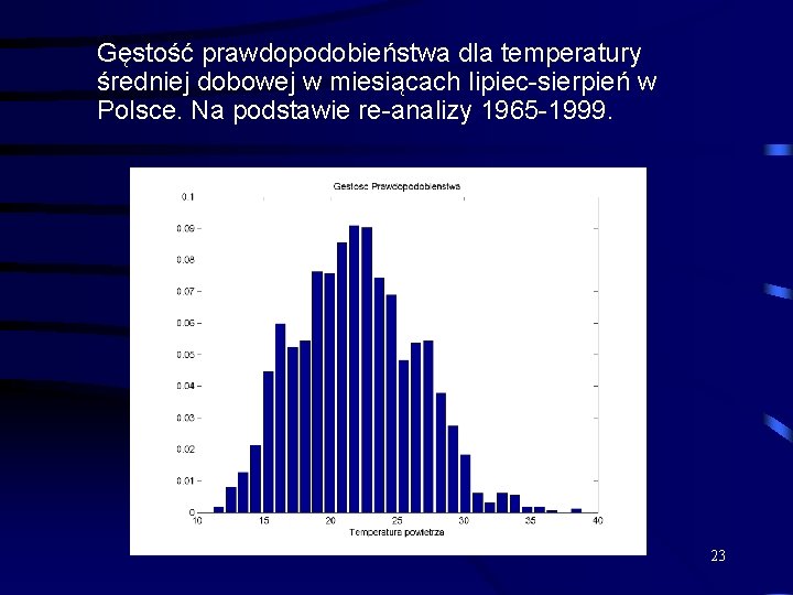 Gęstość prawdopodobieństwa dla temperatury średniej dobowej w miesiącach lipiec-sierpień w Polsce. Na podstawie re-analizy