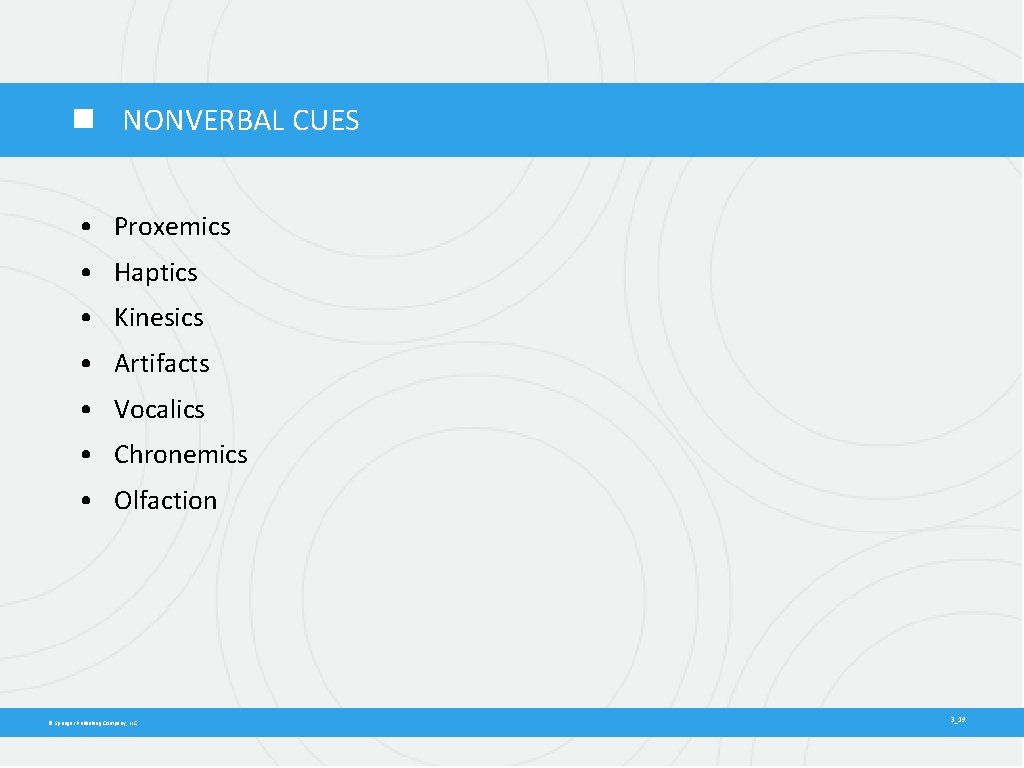  NONVERBAL CUES • Proxemics • Haptics • Kinesics • Artifacts • Vocalics •