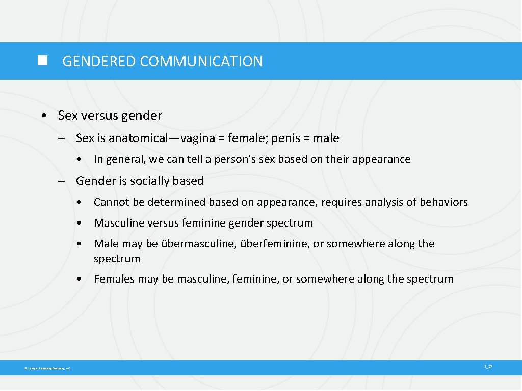  GENDERED COMMUNICATION • Sex versus gender – Sex is anatomical—vagina = female; penis