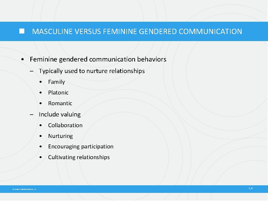  MASCULINE VERSUS FEMININE GENDERED COMMUNICATION • Feminine gendered communication behaviors – Typically used