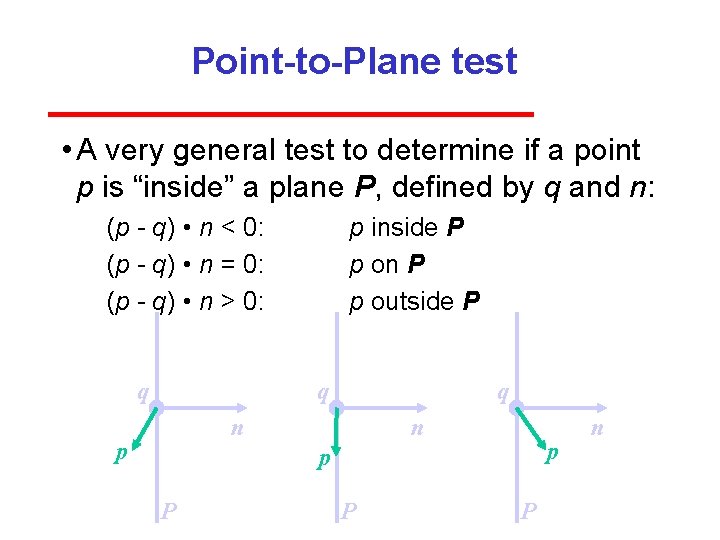 Point-to-Plane test • A very general test to determine if a point p is